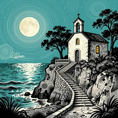Seaside Chapel with Stone Steps at Night - Architecture - AI generated image