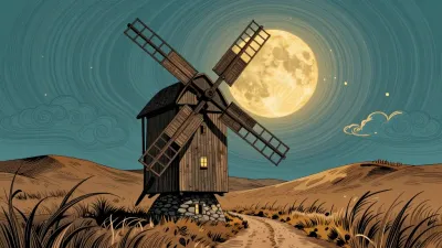 Crooked Windmill Under Full Moon - Architecture - AI generated image
