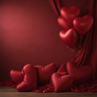 Heart-Shaped Balloons and Cushions in Crimson - Romantic - AI generated image