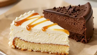 Cheesecake and Chocolate Cake with Caramel Drizzle - Food - AI generated image