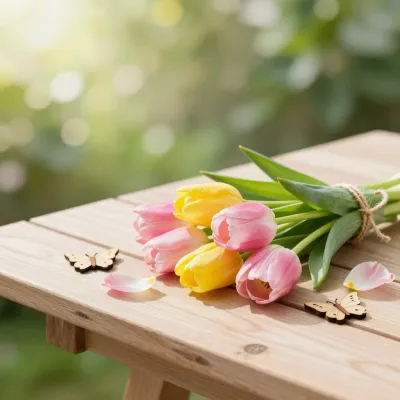 Tulip Bouquet on Wooden Bench - Flowers - AI generated image