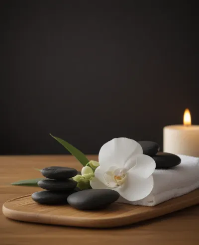 White Orchid with Dark Stones and Lit Candle - Spa - AI generated image