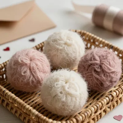 Pink and White Wool Pom-Poms in Basket - Crafting - AI generated image