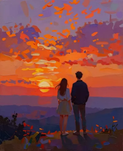 Couple Watching Sunset Impasto Sky - People - AI generated image