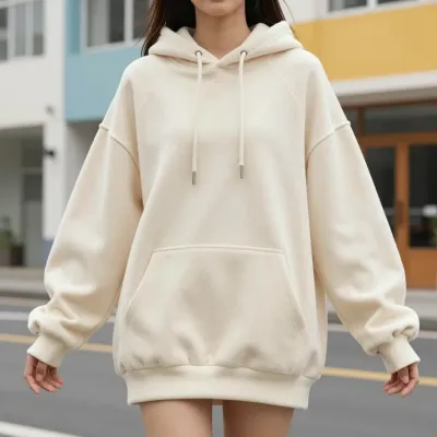 Beige Oversized Hoodie Soft Light Urban Portrait - Fashion - AI generated image