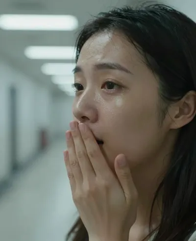 Anxious Woman Covering Mouth in Hospital Hallway - Portrait - AI generated image