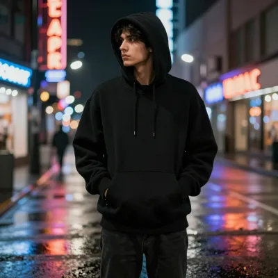 Person in Black Hoodie on Wet Neon Street - People - AI generated image