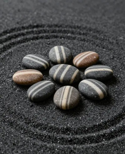 Smooth Pebbles with White Stripes in Dark Sand - Still Life - AI generated image