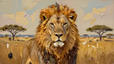 Impasto Lion in Savanna - Wildlife - AI generated image