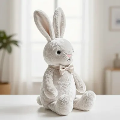 Plush Velvet Bunny with Pink Bow by Window - Plush - AI generated image