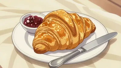 Croissant with Butter Knife and Jam - Food - AI generated image