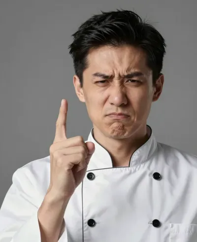 Chef in White Uniform Pointing with Burned Finger - People - AI generated image
