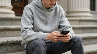 Young Individual Using Smartphone on Stone Steps - People - AI generated image