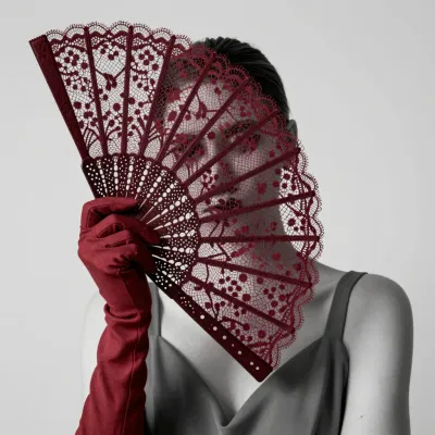 Burgundy Lace Fan Held by Woman - Fashion - AI generated image