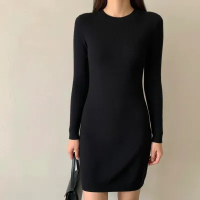 Black Ribbed Dress with Asymmetrical Hem - Fashion - AI generated image