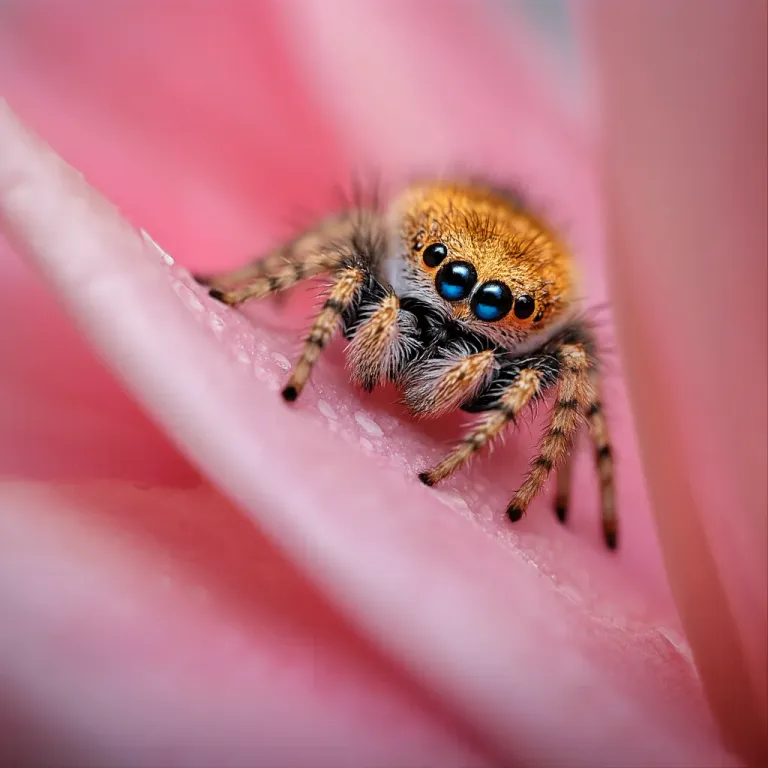 Golden Jumping Spider Resting on Dew-Drenched Petals - Wildlife - AI generated image