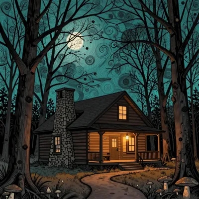 Log Cabin with Lanterns in Starry Forest - Architecture - AI generated image