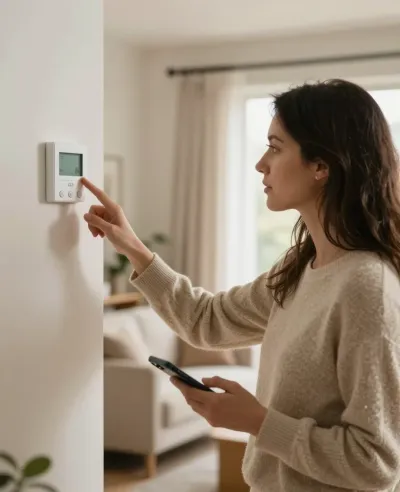 Woman Adjusting Thermostat in Cozy Living Space - People - AI generated image