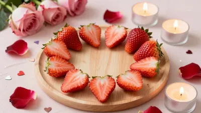 Heart-Shaped Platter of Strawberries with Roses - Food - AI generated image