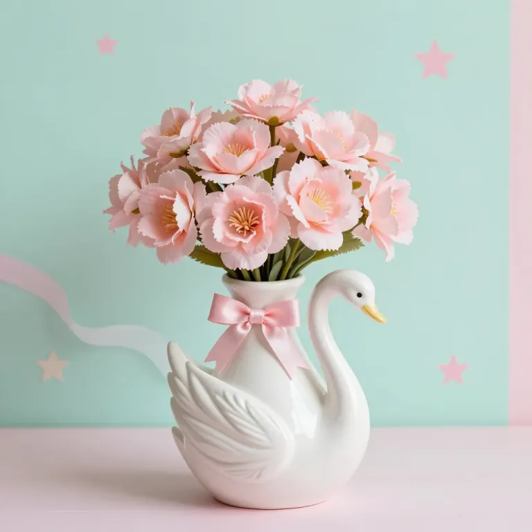 Porcelain Swan Vase with Pink Flowers - Decor - AI generated image