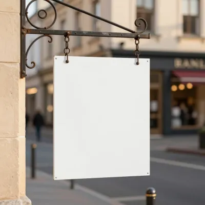 Blank White Sign Hanging from Wrought Iron Bracket - Urban - AI generated image