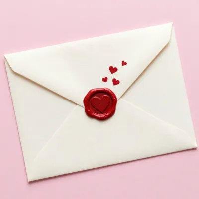 White Envelope with Red Wax Seal and Floating Hearts - Stationery - AI generated image