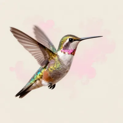 Iridescent Hummingbird Hovering with Soft Pastel Background - Wildlife - AI generated image