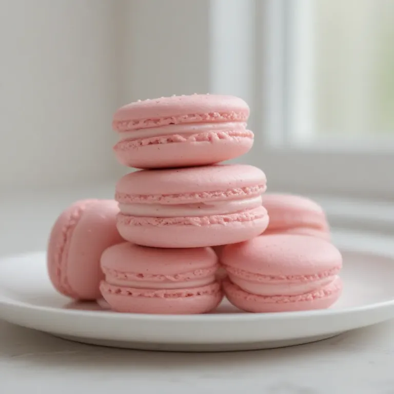 Stack of Pink Macarons on White Plate - Food - AI generated image