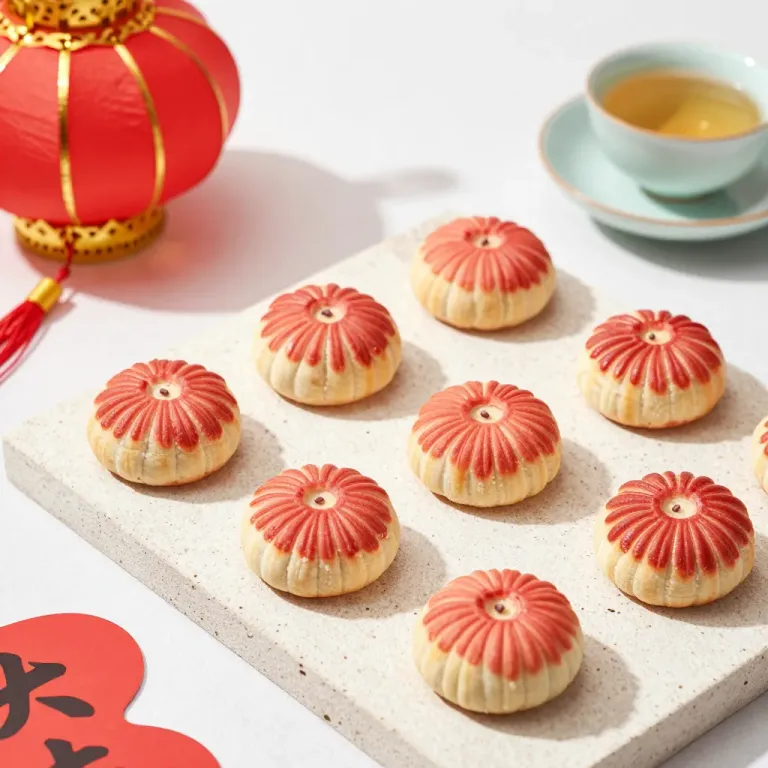 Golden Pastries with Red Floral Patterns on Stone Board - Food - AI generated image