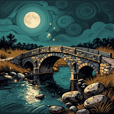 Stone Bridge Over River at Night - Architecture - AI generated image