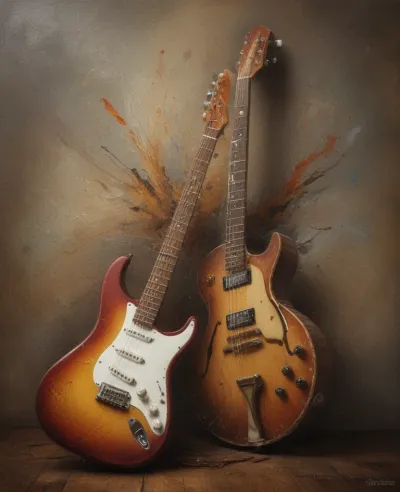 Vintage Electric Guitars Resting Against Textured Wall - Music - AI generated image