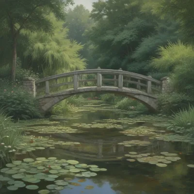Arched Stone Bridge Over Lily Pond - Architecture - AI generated image