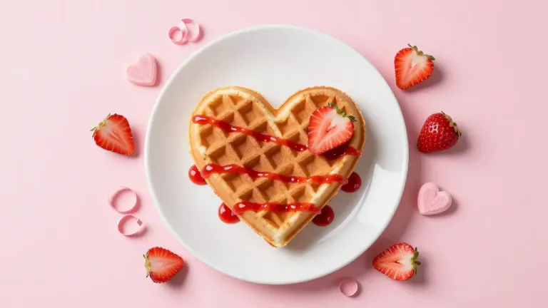 Heart-Shaped Waffle with Red Sauce and Strawberries - Food - AI generated image
