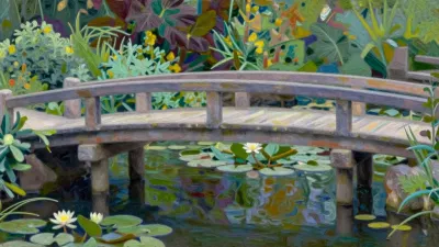 Curved Wooden Bridge Over Pond with Lily Pads - Landscapes - AI generated image