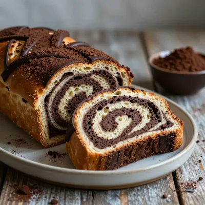 Chocolate Babka Sliced on Rustic Table - Bakery - AI generated image