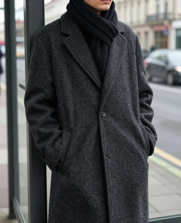 Person at Bus Stop in Wool Coat - People - AI generated image
