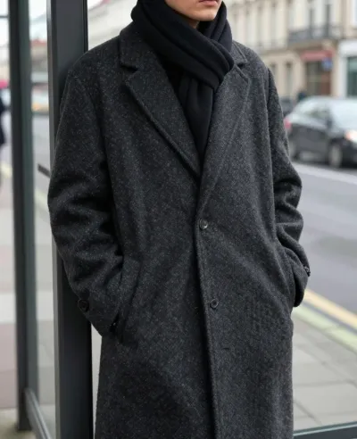 Person at Bus Stop in Wool Coat - People - AI generated image