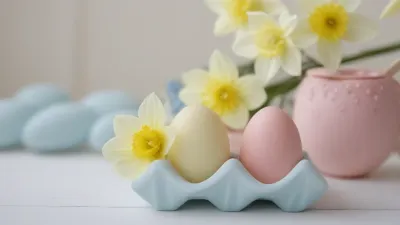 Pastel Eggs in Carton with Daffodils - Easter - AI generated image