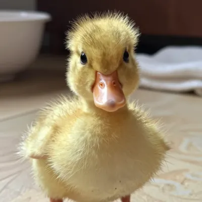 Yellow Duckling Standing on Wooden Floor - Animal - AI generated image