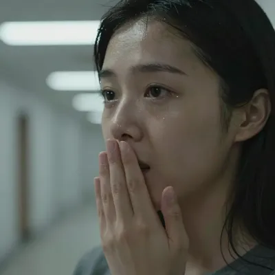 Sweating Woman in Hospital Hallway - Portrait - AI generated image