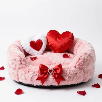 Pink Pet Bed with Heart Pillows and Rose Petals - Pet - AI generated image