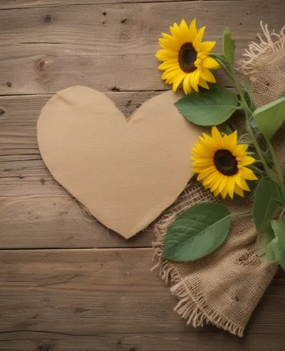 Heart-Shaped Burlap Cutout with Sunflowers - Rustic - AI generated image