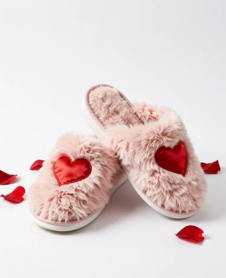 Faux Fur Slippers with Red Heart Patches - Fashion - AI generated image