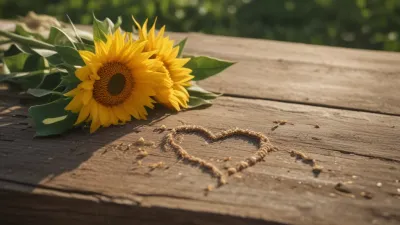 Sunflowers Resting on Rustic Table - Flowers - AI generated image