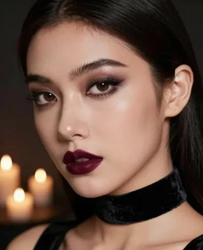 Woman with Glossy Lipstick in Candlelit Setting - Portrait - AI generated image