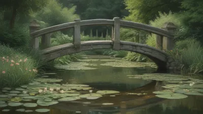 Stone Bridge Over Lily Pond - Architecture - AI generated image