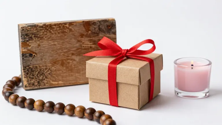 Rustic Wooden Plaque with Gift Boxes and Beads - Decor - AI generated image