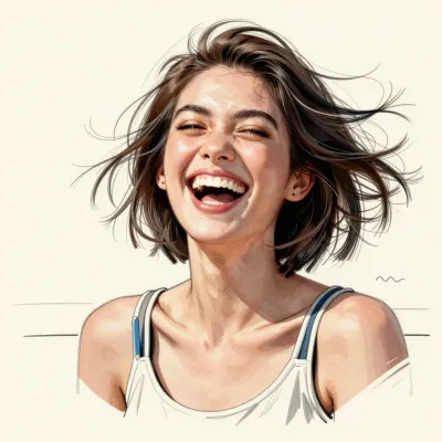 Woman Laughing Heartily in White Tank Top - Portrait - AI generated image