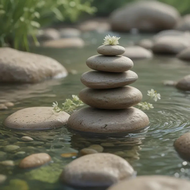 Stone Pyramid with White Flower on Riverside - Nature - AI generated image