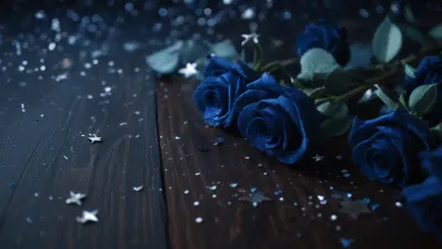 Midnight-blue Roses Gleaming on Wooden Surface - Flowers - AI generated image